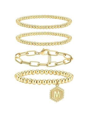 Womens Gold Bracelet Set Stackable Initial Beaded Stretch Jewelry Gift